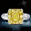 Yellow Sapphire Asscher Cut Three Stone Engagement Ring - Sterling Silver