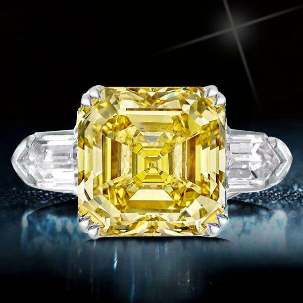 Yellow Sapphire Asscher Cut Three Stone Engagement Ring - Sterling Silver
