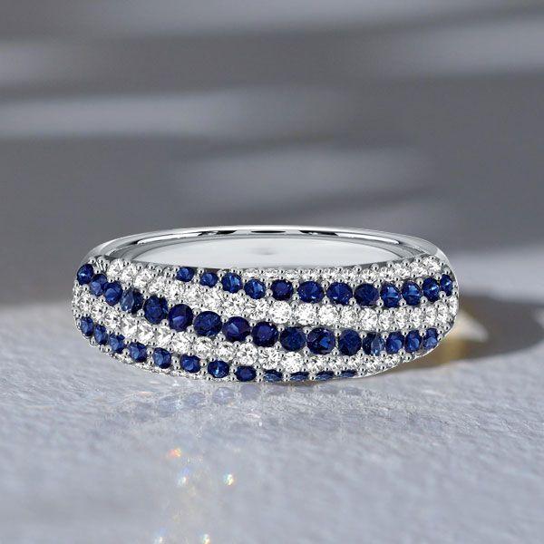 White & Blue Sapphire Swirl Ring - Sterling Silver Anniversary Wedding Band
