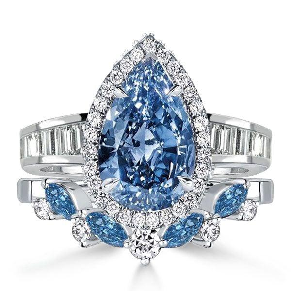 Blue Topaz Halo Bridal Set Engagement Ring Set in Sterling Silver