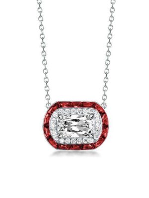 Halo Cushion Cut Garnet Pendant Necklace - Sterling Silver