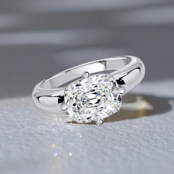 East West White Sapphire Cushion Cut Engagement Ring in Sterling Silver