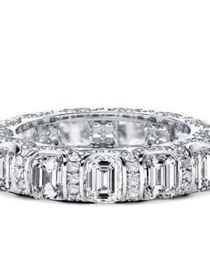 Emerald Cut Created White Sapphire Eternity Wedding Band in Rhodium Plated Sterling Silver