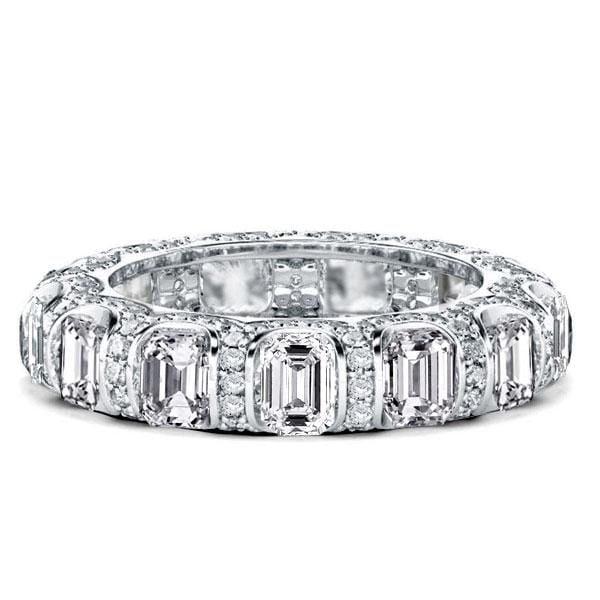 Emerald Cut Created White Sapphire Eternity Wedding Band in Rhodium Plated Sterling Silver