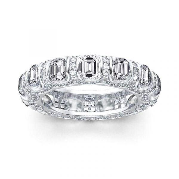 Emerald Cut Created White Sapphire Eternity Wedding Band in Rhodium Plated Sterling Silver