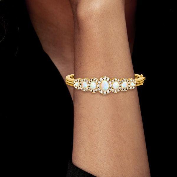 18K Gold Plated Sterling Silver Opal Bangle Bracelet | Antique Finish | 7 Inch