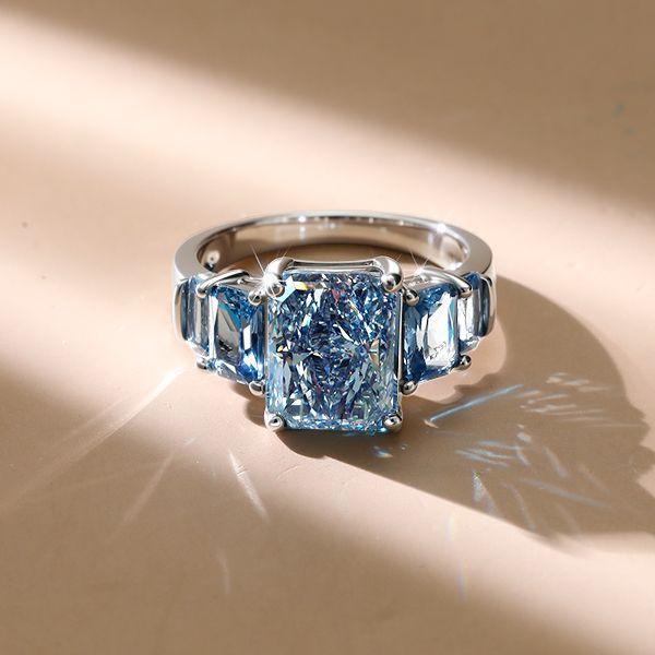 Radiant Cut Blue Topaz Five Stone Wedding Ring in Sterling Silver