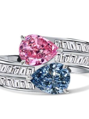 Sterling Silver Pear Cut Pink Sapphire and Blue Topaz Twin Stone Engagement Ring