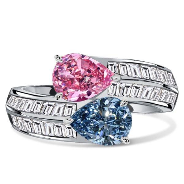 Sterling Silver Pear Cut Pink Sapphire and Blue Topaz Twin Stone Engagement Ring