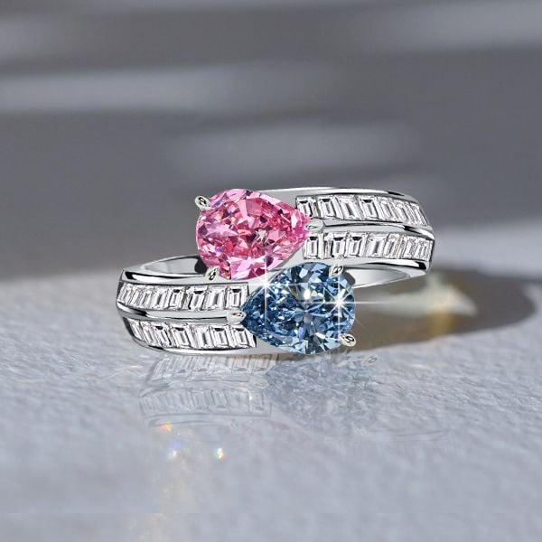 Sterling Silver Pear Cut Pink Sapphire and Blue Topaz Twin Stone Engagement Ring