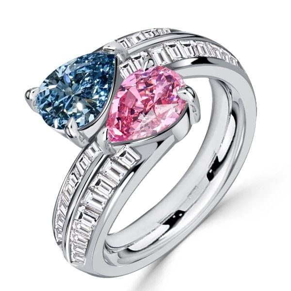 Sterling Silver Pear Cut Pink Sapphire and Blue Topaz Twin Stone Engagement Ring