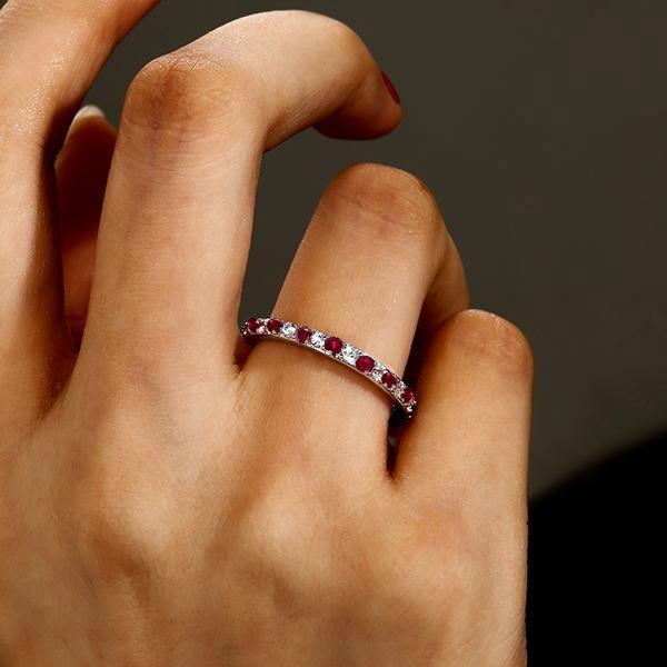 Ruby & White Sapphire Eternity Band - 925 Sterling Silver Wedding Ring