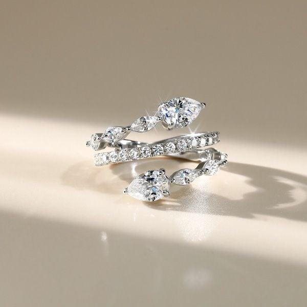 Toi Et Moi Pear Cut Teardrop Spiral Engagement Ring in Rhodium-Plated Sterling Silver