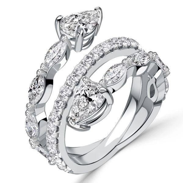 Toi Et Moi Pear Cut Teardrop Spiral Engagement Ring in Rhodium-Plated Sterling Silver