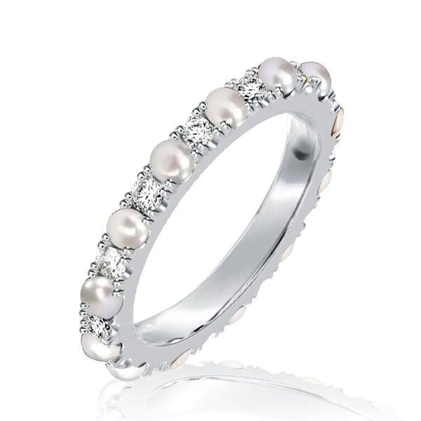 Sterling Silver Eternity Wedding Band with Round Cut Pearls for Women
