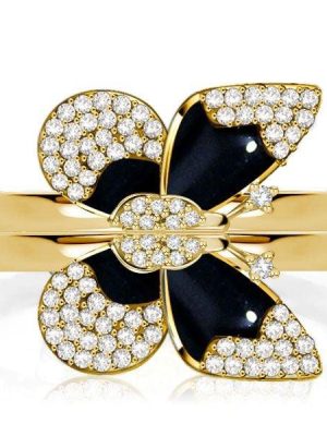 Dancing Butterfly Engagement Ring Set for Women, 18K Gold Plated Sterling Silver