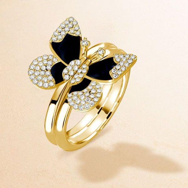 Dancing Butterfly Engagement Ring Set for Women, 18K Gold Plated Sterling Silver