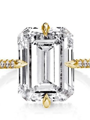 Emerald Cut Golden Hidden Halo Engagement Ring - 18K Gold Plated Sterling Silver