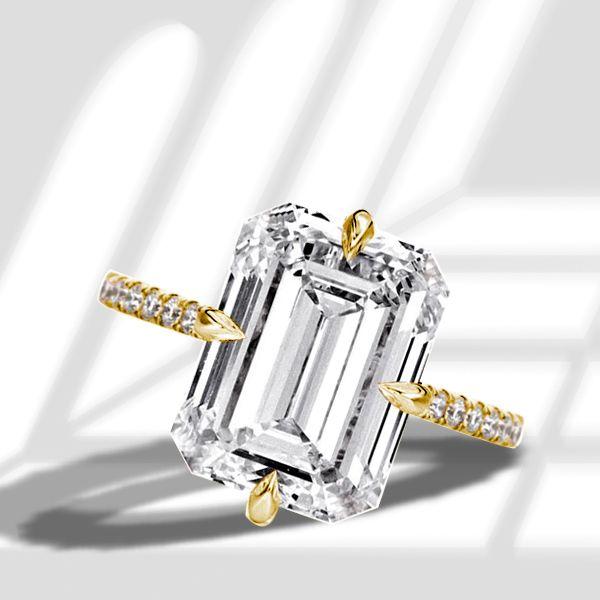Emerald Cut Golden Hidden Halo Engagement Ring - 18K Gold Plated Sterling Silver