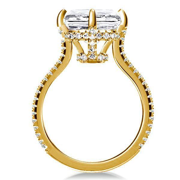 Emerald Cut Golden Hidden Halo Engagement Ring - 18K Gold Plated Sterling Silver