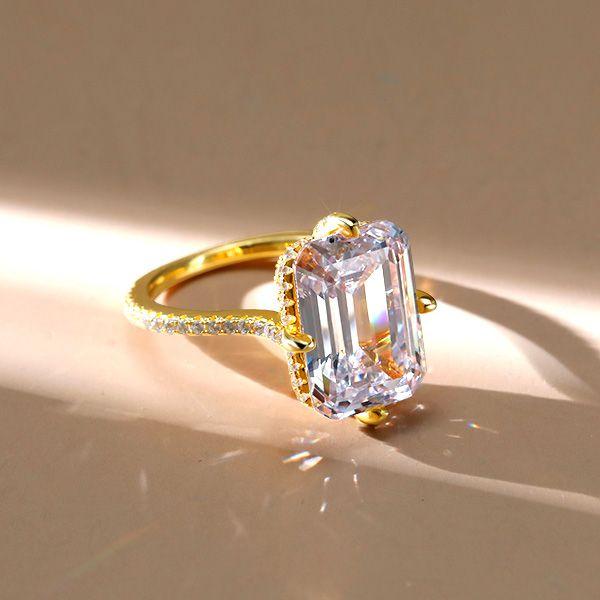 Emerald Cut Golden Hidden Halo Engagement Ring - 18K Gold Plated Sterling Silver