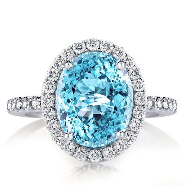 Halo Oval Aquamarine Engagement Ring - 925 Sterling Silver