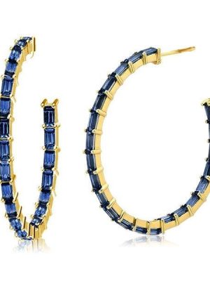 18K Gold Plated Baguette Cut Hoop Earrings | 7.92 CTW Blue Accent