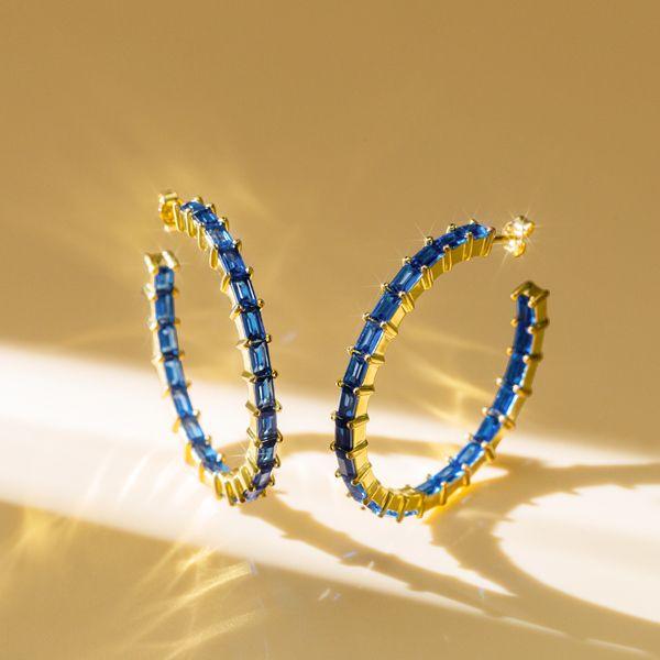 18K Gold Plated Baguette Cut Hoop Earrings | 7.92 CTW Blue Accent