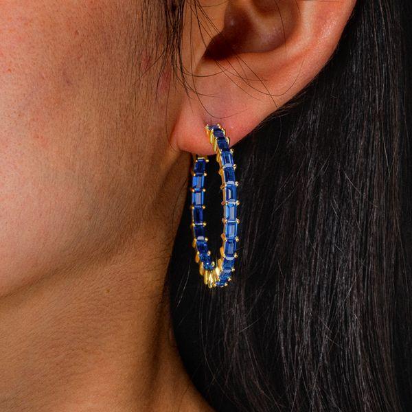 18K Gold Plated Baguette Cut Hoop Earrings | 7.92 CTW Blue Accent