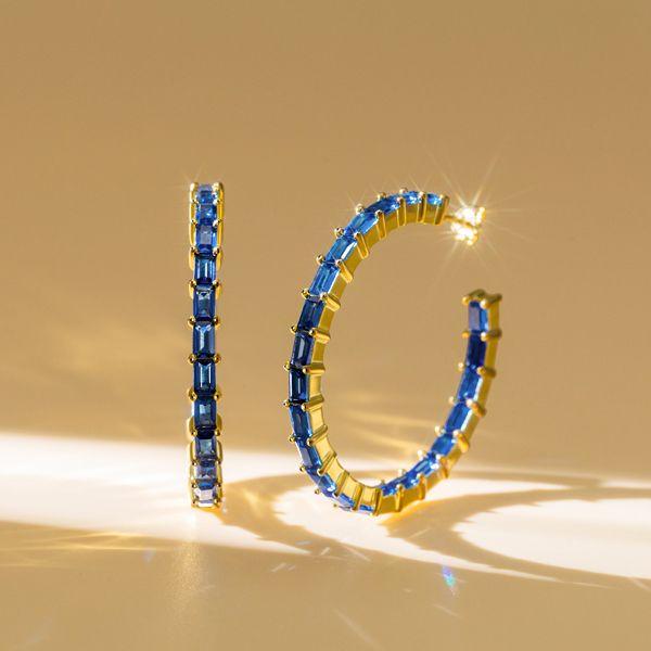 18K Gold Plated Baguette Cut Hoop Earrings | 7.92 CTW Blue Accent