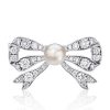 Sterling Silver Pearl and White Sapphire Bow Brooch Pin