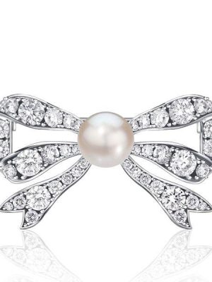 Sterling Silver Pearl and White Sapphire Bow Brooch Pin