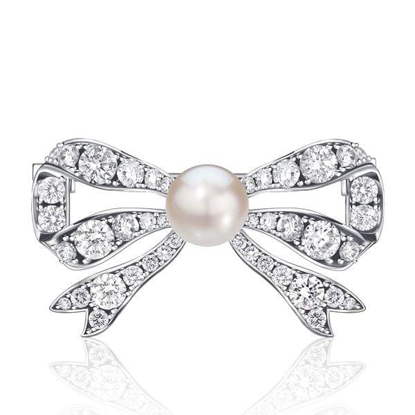 Sterling Silver Pearl and White Sapphire Bow Brooch Pin