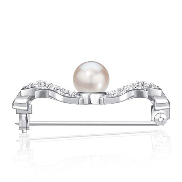 Sterling Silver Pearl and White Sapphire Bow Brooch Pin