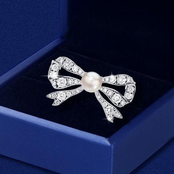 Sterling Silver Pearl and White Sapphire Bow Brooch Pin