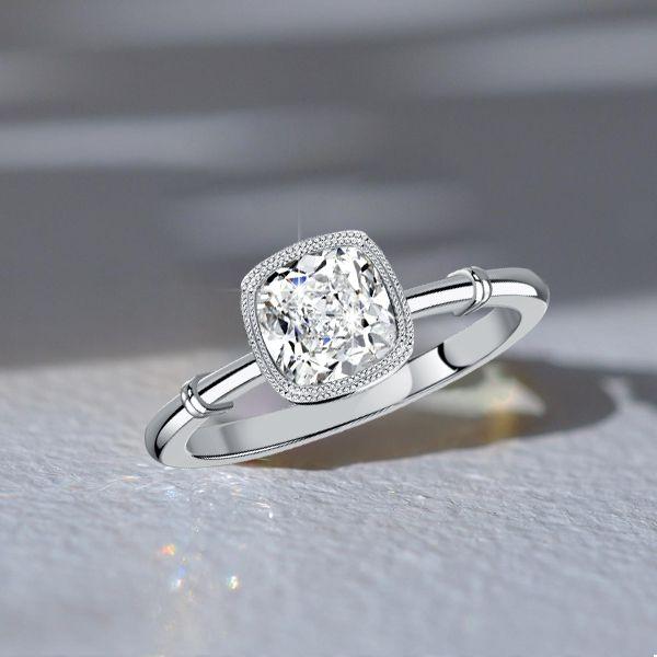 Cushion Cut Sterling Silver Engagement Ring with Milgrain Bezel - 1.12 CT