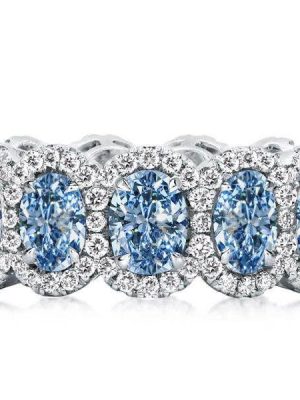 Halo Oval Blue Topaz Wedding Ring Set - Sterling Silver Eternity Band