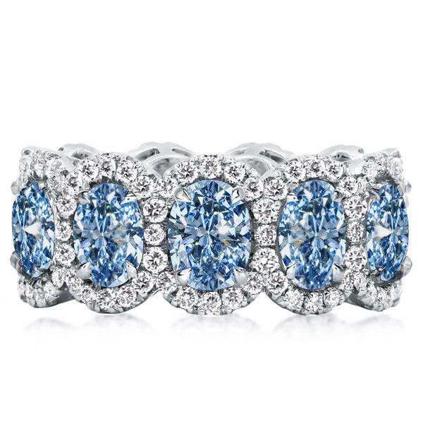 Halo Oval Blue Topaz Wedding Ring Set - Sterling Silver Eternity Band