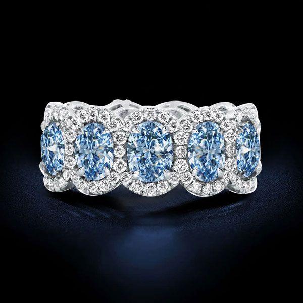 Halo Oval Blue Topaz Wedding Ring Set - Sterling Silver Eternity Band
