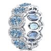 Halo Oval Blue Topaz Wedding Ring Set - Sterling Silver Eternity Band