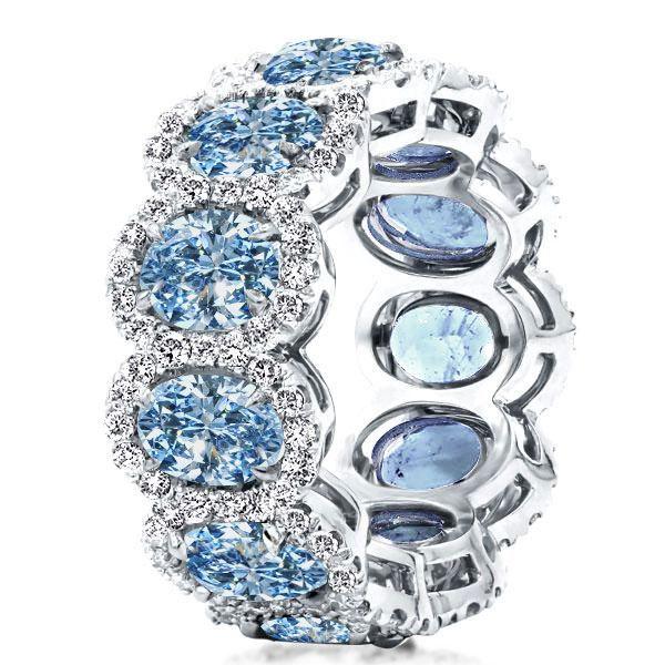 Halo Oval Blue Topaz Wedding Ring Set - Sterling Silver Eternity Band