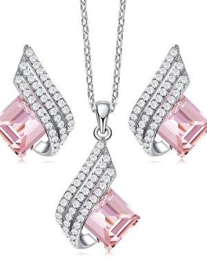 Emerald Cut Created Pink Sapphire Necklace and Earrings Jewelry Set in Sterling Silver