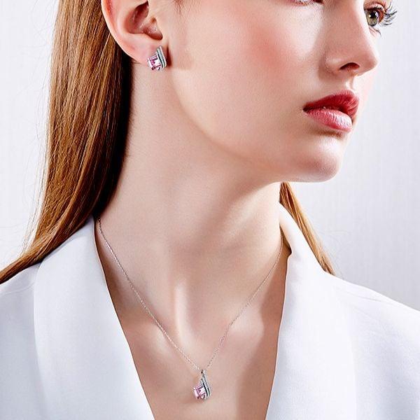 Emerald Cut Created Pink Sapphire Necklace and Earrings Jewelry Set in Sterling Silver