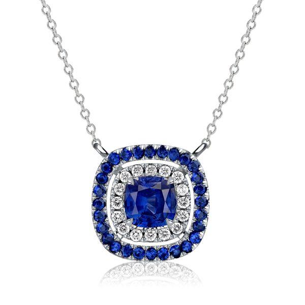Double Halo Cushion Cut Blue Sapphire Pendant Necklace in Sterling Silver