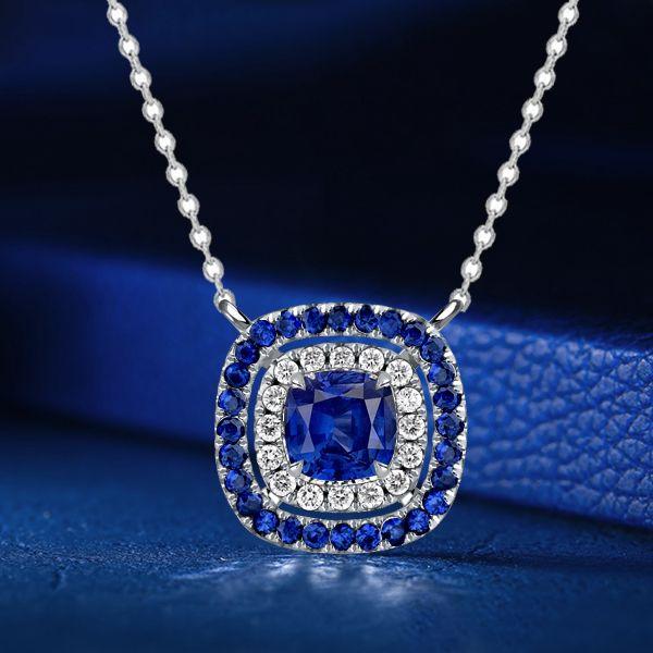 Double Halo Cushion Cut Blue Sapphire Pendant Necklace in Sterling Silver