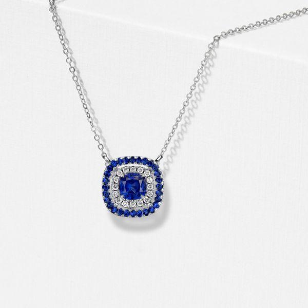 Double Halo Cushion Cut Blue Sapphire Pendant Necklace in Sterling Silver