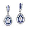 Pear Cut White & Blue Sapphire Double Halo Drop Earrings - Sterling Silver