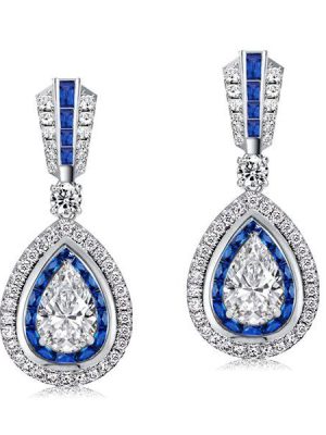 Pear Cut White & Blue Sapphire Double Halo Drop Earrings - Sterling Silver