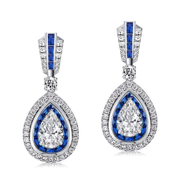 Pear Cut White & Blue Sapphire Double Halo Drop Earrings - Sterling Silver