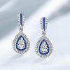 Pear Cut White & Blue Sapphire Double Halo Drop Earrings - Sterling Silver